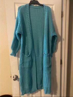 Turquoise Long Knit Cardigan Sweater